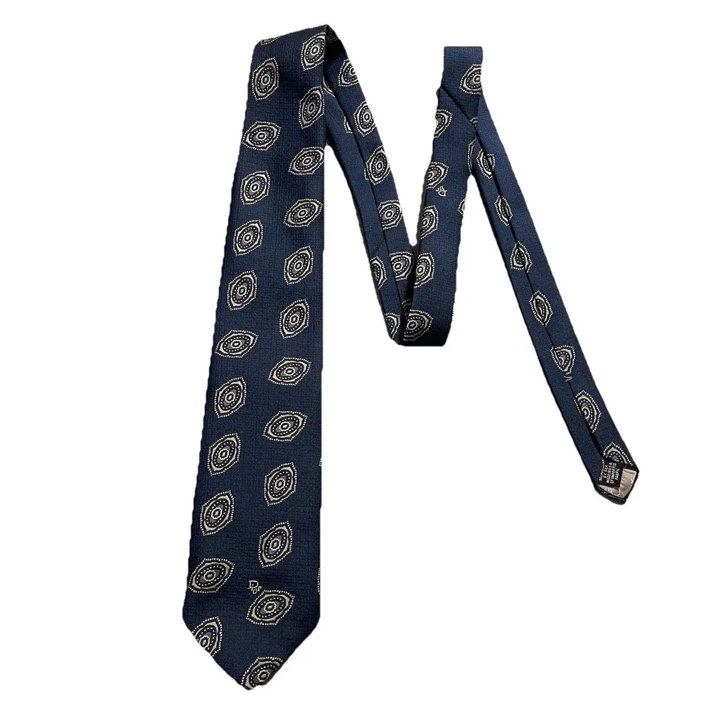 Christian Dior Necktie Mens One Size Navy Blue Silk Medallion Geometric Logo Tie